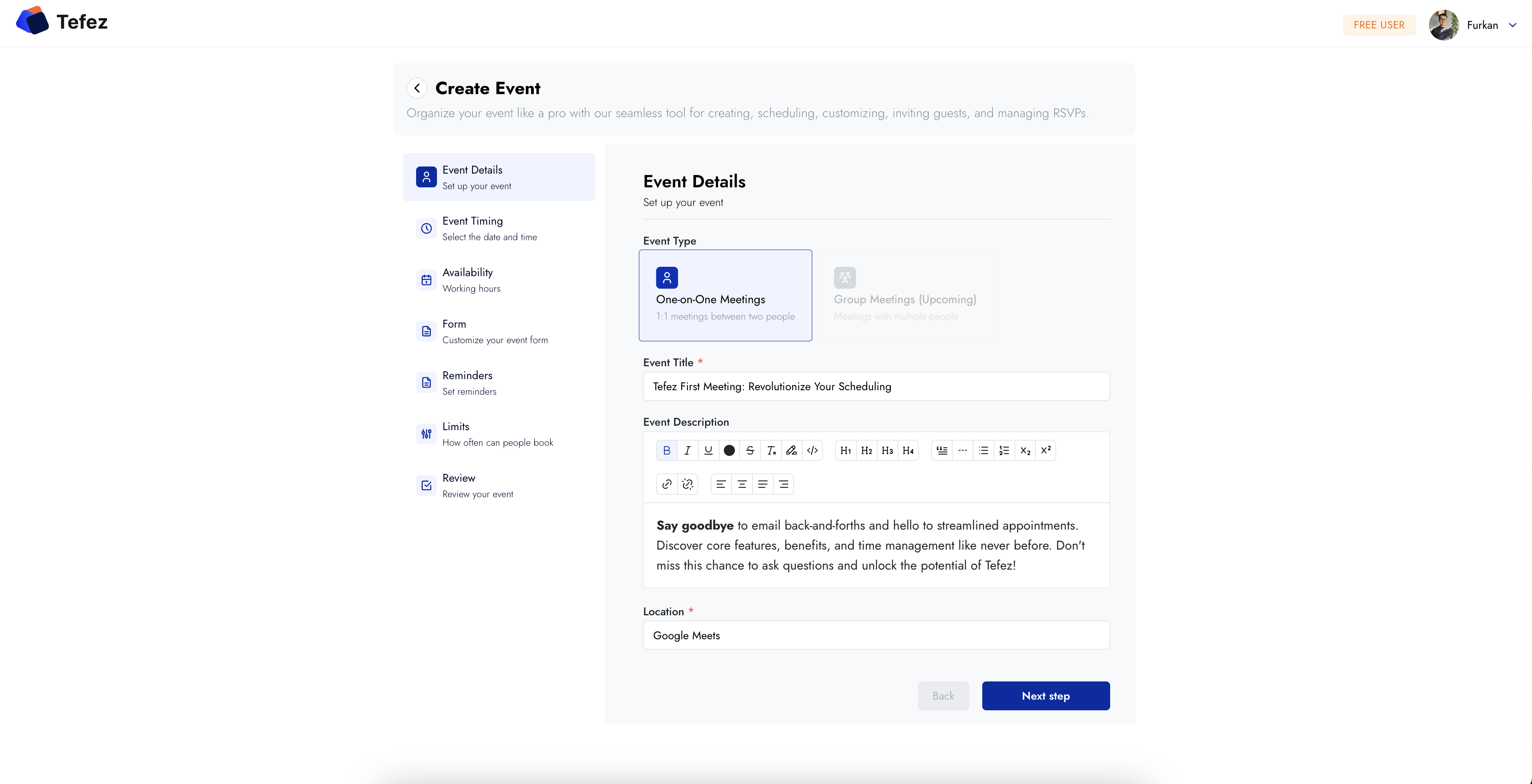 Tefez event details step for adding a title, description, and location