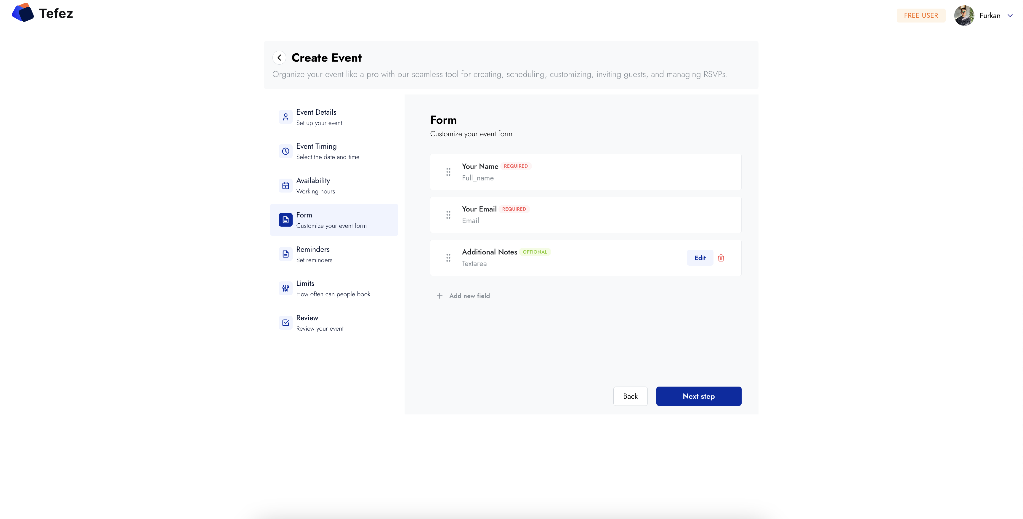 Tefez booking form step with editable attendee questions